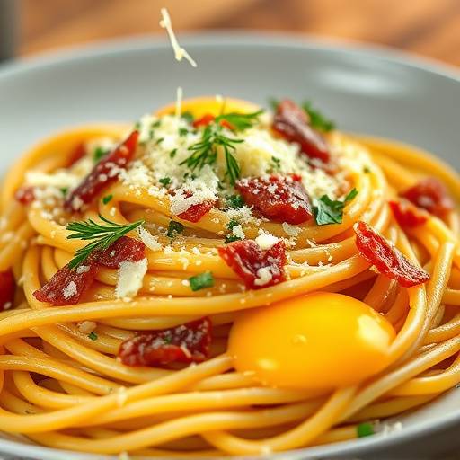 Spaghetti Carbonara with pancetta, egg yolks, and parmesan cheese.