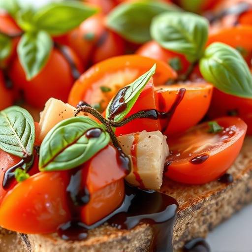 Toasted Bruschetta topped with fresh tomatoes, basil, and balsamic glaze.